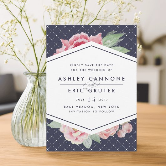 Blush and Navy Geometric Floral Save the Date
