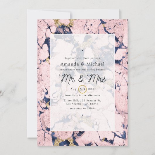 Blush and Navy Marmer Wedding Kaart (Voorkant)
