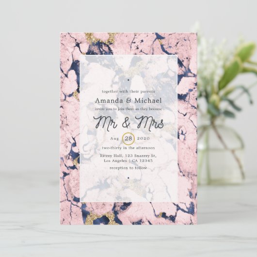 Blush and Navy Marmer Wedding Kaart (Staand voorkant)