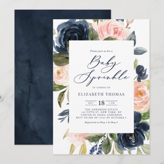 Blush and Navy Waterverf Flowers Baby Sprinkle Kaart (Voorkant / Achterkant)