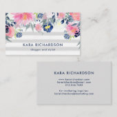 Blush and Navy Waterverf Flowers met Stripes Visitekaartje (Voorkant / Achterkant)