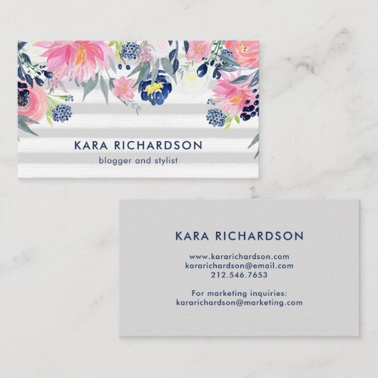 Blush and Navy Waterverf Flowers met Stripes Visitekaartje (Voorkant / Achterkant)