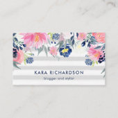 Blush and Navy Waterverf Flowers met Stripes Visitekaartje (Voorkant)
