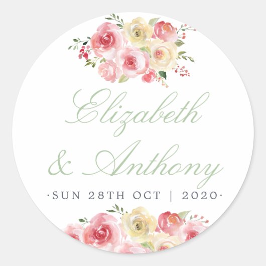 Blush and Sage Green Floral Waterverf Wedding Ronde Sticker (Voorkant)