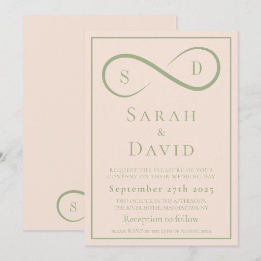 Blush and Sage Infinity Wedding Minimalist Modern Kaart (Voorkant / Achterkant)