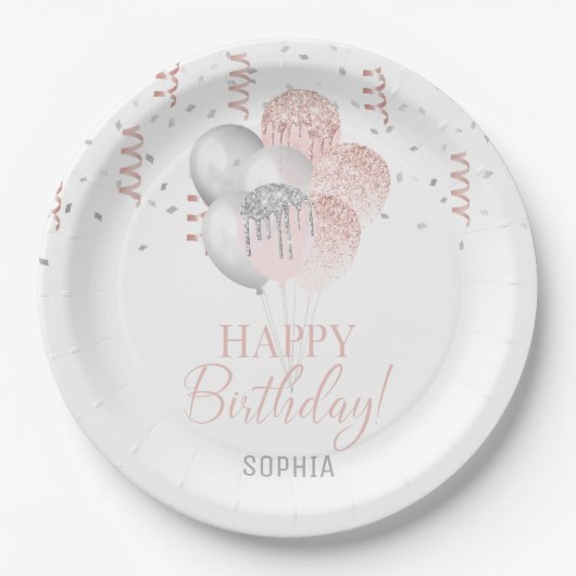 Blush and Silver Balloons Birthday Papieren Bordje (Voorkant)
