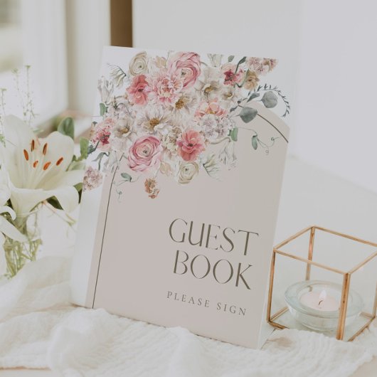 Blush and White Floral Arch Guest Book Sign Reclamebord Met Voetstuk
