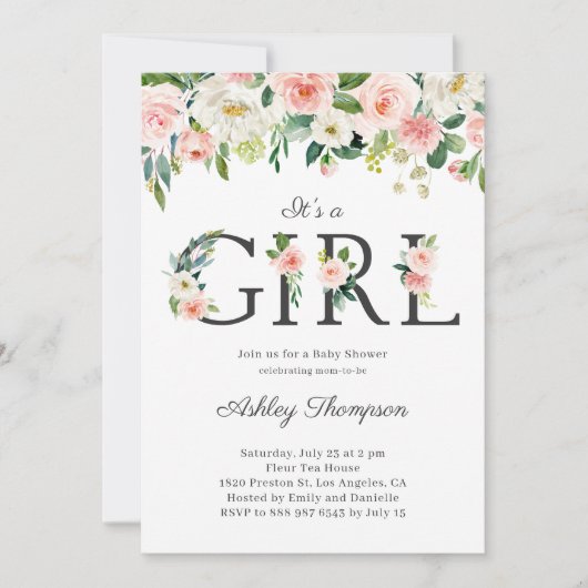 Blush and White Flowers Het is een meisje Baby sho Kaart (Voorkant)