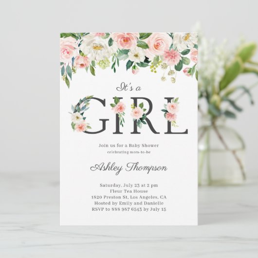 Blush and White Flowers Het is een meisje Baby sho Kaart (Staand voorkant)