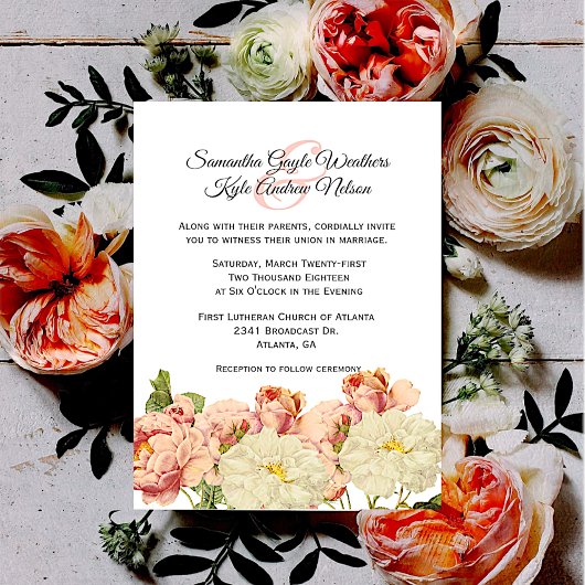 Blush and White Old Rozen Wedding Invitation Kaart