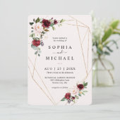 Blush and Wine Floral Gold Geometric Shape Weddens Kaart (Staand voorkant)