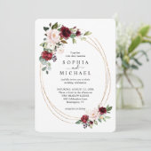 Blush and Wine Floral Gold Oval Shape Wedding Invi Kaart (Staand voorkant)