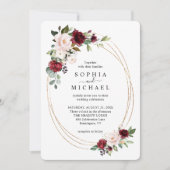 Blush and Wine Floral Gold Oval Shape Wedding Invi Kaart (Voorkant)