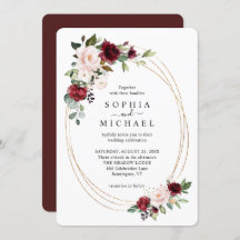 Blush and Wine Floral Gold Oval Shape Wedding Invi
