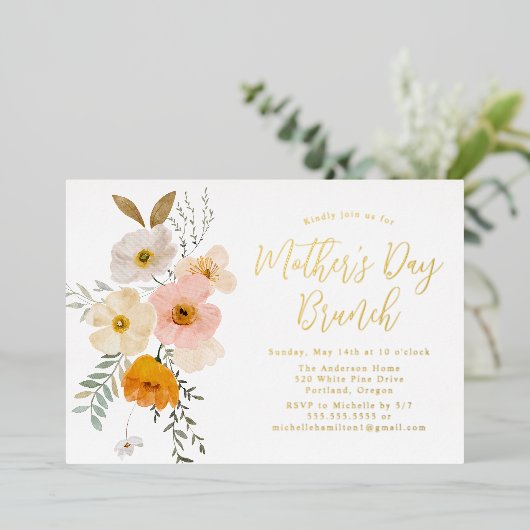 Blush and Yellow Floral Moederdag Brunch Folie Uitnodiging (Staand Voorkant)