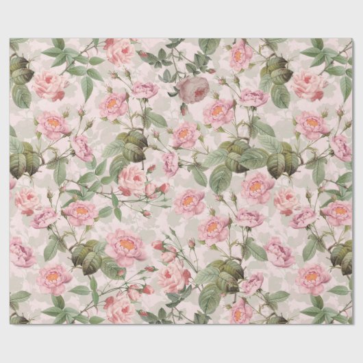 Blush Antiek Redouté Rozen Branch op roze patroon Cadeaupapier (Vlak)