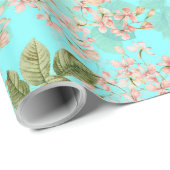 Blush Antiek Redouté Rozen op blauwgroen patroon Cadeaupapier (Rol Hoek)