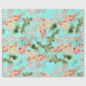 Blush Antiek Redouté Rozen op blauwgroen patroon Cadeaupapier (Vlak)
