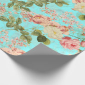 Blush Antiek Redouté Rozen op blauwgroen patroon Cadeaupapier (Hoek)