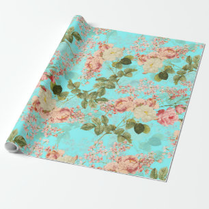 Blush Antiek Redouté Rozen op blauwgroen patroon Cadeaupapier