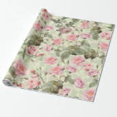 Blush Antiek Redouté Rozen op groen patroon Cadeaupapier (Uitgerold)