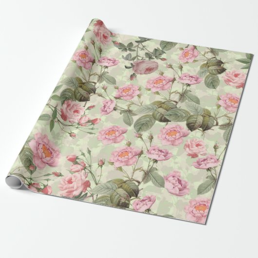 Blush Antiek Redouté Rozen op groen patroon Cadeaupapier (Uitgerold)