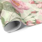 Blush Antiek Redouté Rozen op groen patroon Cadeaupapier (Rol Hoek)