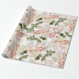 Blush Antiek Redouté Rozen op wit patroon Cadeaupapier