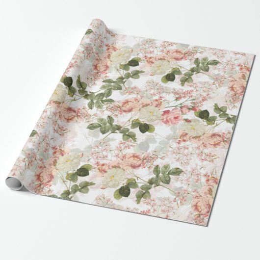 Blush Antiek Redouté Rozen op wit patroon Cadeaupapier (Uitgerold)