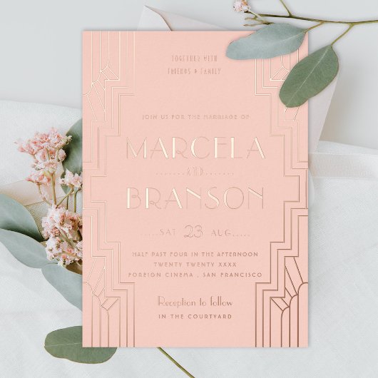 Blush Art Deco IJzerwerk Roze Gouden Trouwdag Folie Uitnodiging