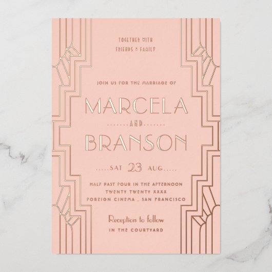 Blush Art Deco Ironwork Roos Gold Wedding Folie Uitnodiging (Voorkant)