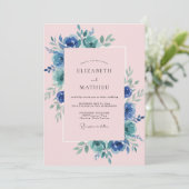 Blush Azure Bloem Bruiloft Kaart (Staand voorkant)