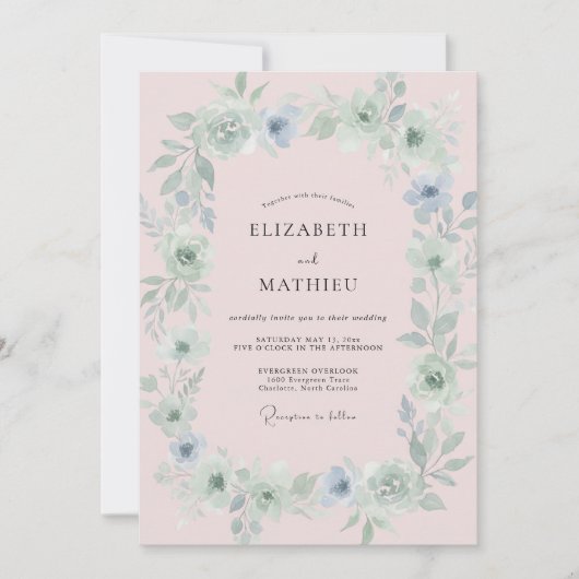 Blush Azure Krans Bruiloft Kaart (Voorkant)