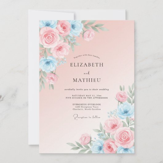 Blush Azure Ranunculus Eucalyptus Bruiloft Kaart (Voorkant)