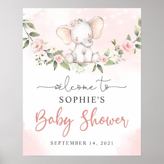 Blush Baby Elephant Girl Baby shower Welkomstteken Poster (Voorkant)