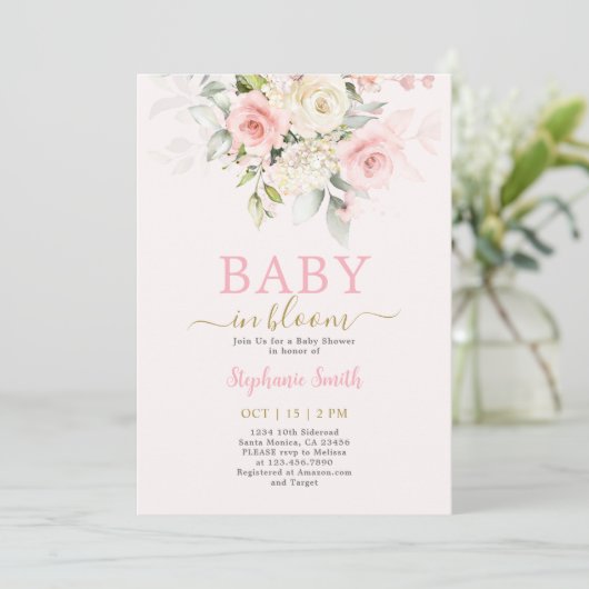 Blush Baby in Bloom Baby shower Meisje Invitation Kaart (Staand voorkant)