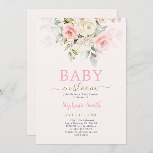 Blush Baby in Bloom Baby shower Meisje Invitation Kaart (Voorkant / Achterkant)