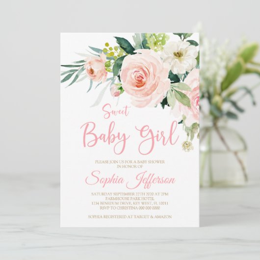 Blush Baby shower Flowers Uitnodiging (Staand voorkant)