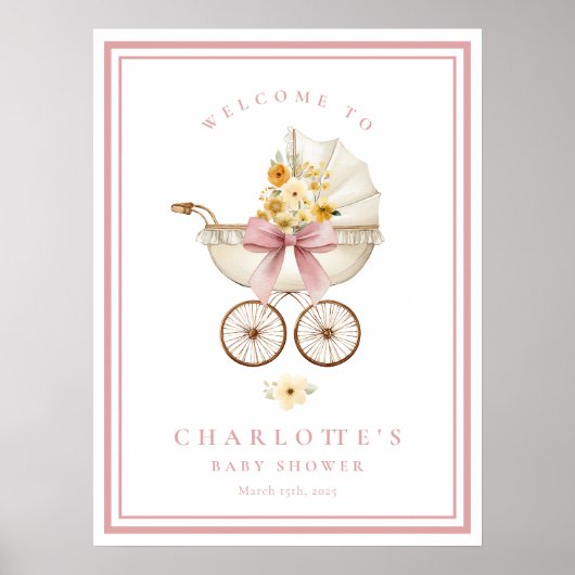 Blush Baby Shower Welcome Poster | Vintage Pram (Voorkant)