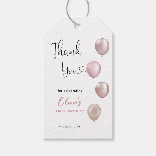 Blush Balloons Meisje Eerste Verjaardag Bedankt Cadeaulabel (Voorkant)