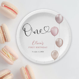 Blush balloons meisje eerste verjaardag papieren bordje