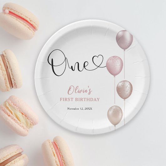 Blush balloons meisje eerste verjaardag papieren bordje
