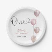 Blush balloons meisje eerste verjaardag papieren bordje (Voorkant)