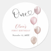 Blush balloons meisje eerste verjaardag ronde sticker (Voorkant)