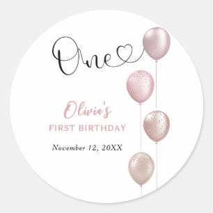 Blush balloons meisje eerste verjaardag ronde sticker