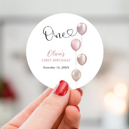 Blush balloons meisje eerste verjaardag ronde sticker