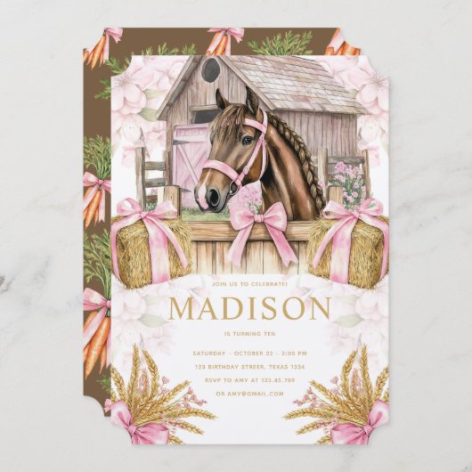 Blush Barn Horse Birthday Invitation for Girls Kaart (Voorkant / Achterkant)
