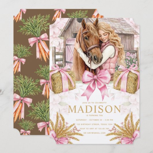 Blush Barn Horse Birthday Invitation with Girl Kaart (Voorkant / Achterkant)