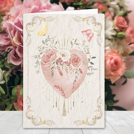 Blush Baroque Floral Sacred Heart Happy Valentines Kaart