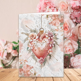 Blush Baroque Floral Sacred Heart Valentine’s Day  Kaart